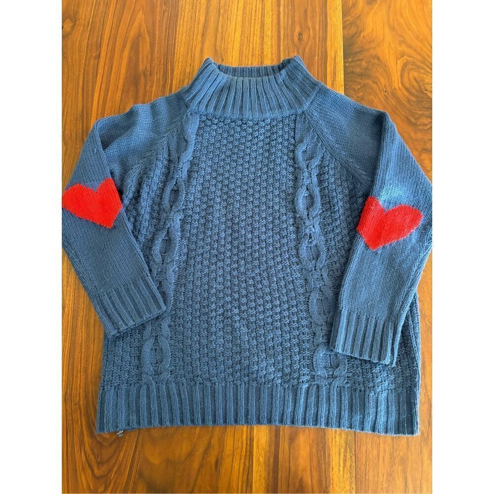 Love & Harmony Womens Blue Red Hearts Acrylic Cable Knit Fisherman Sweater Large